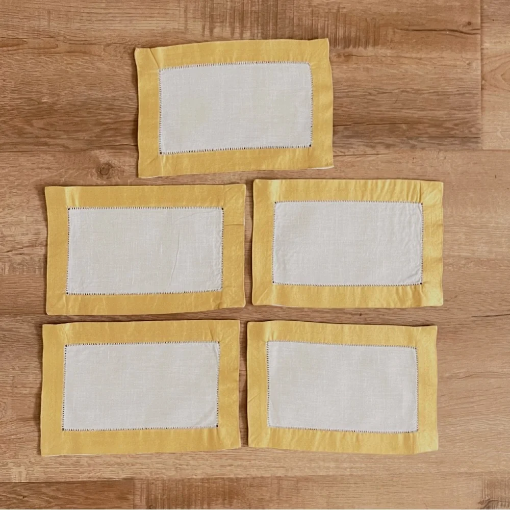 5 PCs Vintage Rectangle Gold Shimmer-Border‎ Linen Dresser Scarf Doilies 9”x6”